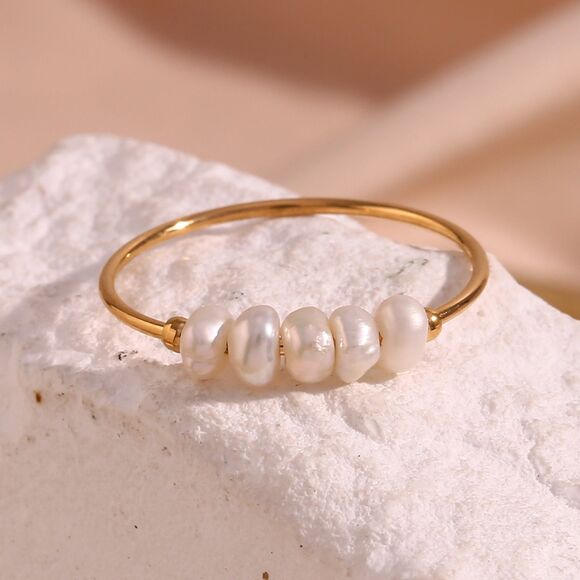 Freshwater Pearl 18K Gold Plated Minimalist Dainty Stacking Beaded Pearl Ring - Picture 1 of 6